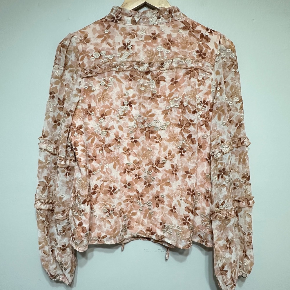 Anthropologie BTFL-life‎ Floral Puff Sleeve Blouse Womens M Cottage Ruffle Sheer - Picture 8 of 13